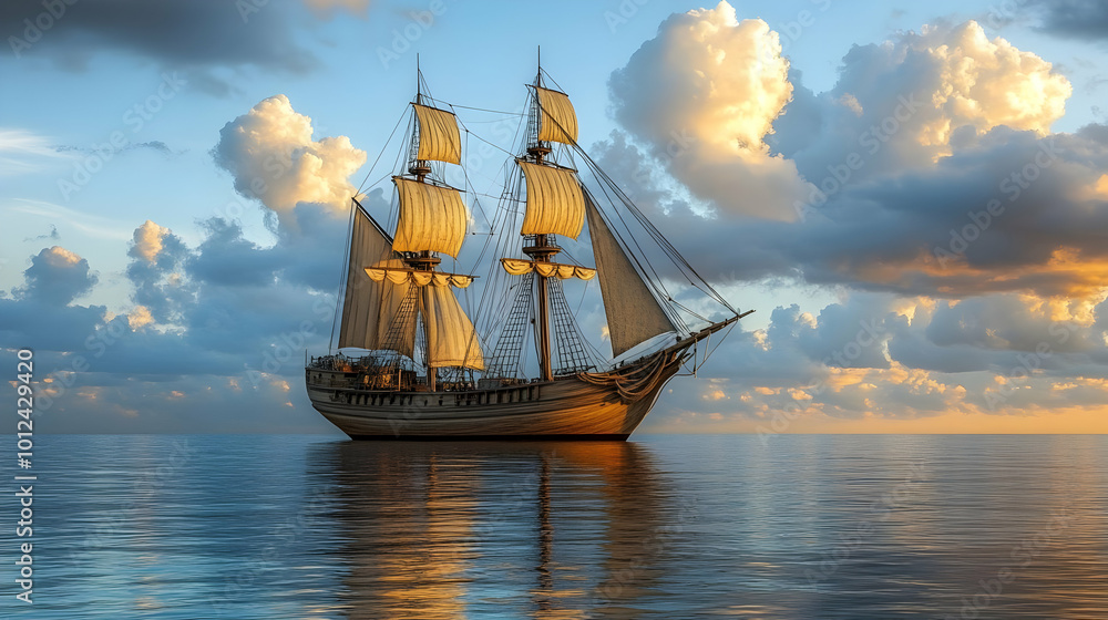 Sailing Ship on the Open Ocean at Sunset with Clouds Sailing Ship on the Open Ocean at Sunset with Clouds