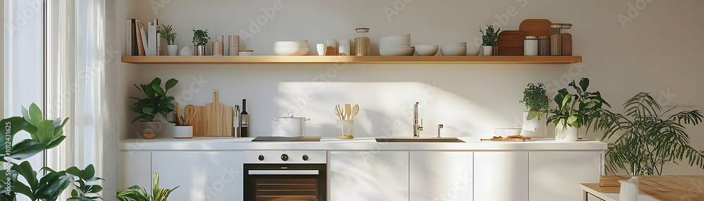 Illustration of a Modern Minimalist White Kitchen with Wooden Accents Illustration of a Modern Minimalist White Kitchen with Wooden Accents