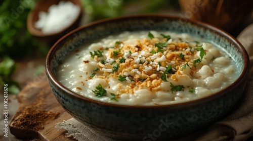 A bowl of creamy coconut soup with shredded coconut and parsley garnish, sitting on a wooden cutting board.