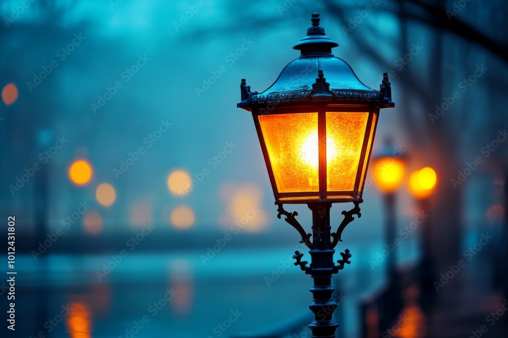 Glowing Street Lamps in Misty Park at Dawn Glowing Street Lamps in Misty Park at Dawn