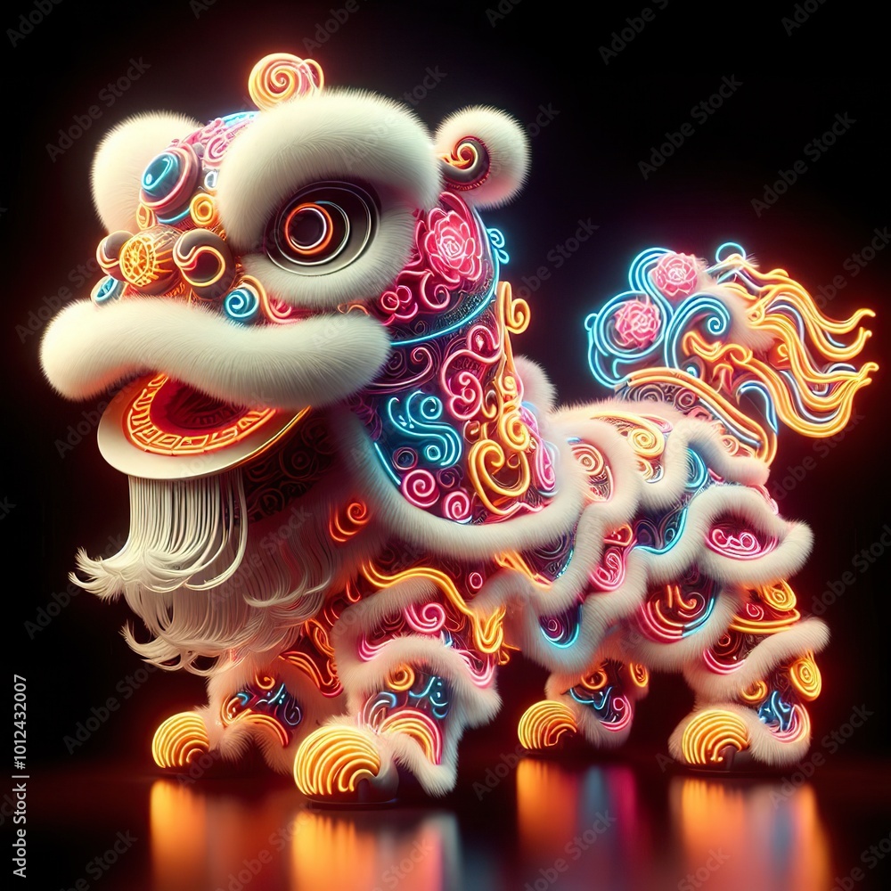 A beautiful chinese lion dancing is depicted on a black background, rendered in 3D with neon lights A beautiful chinese lion dancing is depicted on a black background, rendered in 3D with neon lights