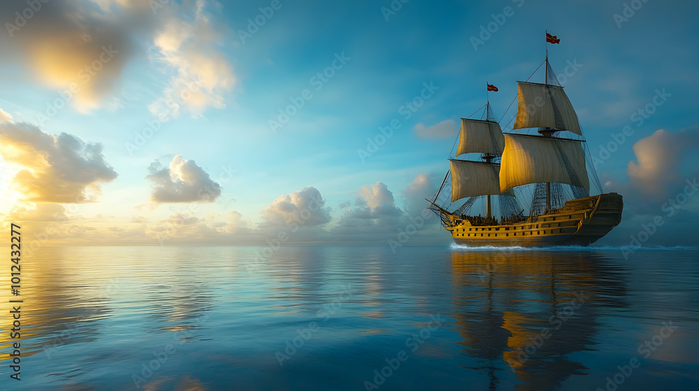 Sailing Ship at Sunset with Calm Sea and Clouds Sailing Ship at Sunset with Calm Sea and Clouds