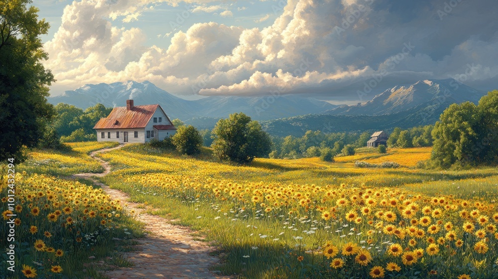 A small house sits on a hill overlooking a field of sunflowers, with mountains in the background. A small house sits on a hill overlooking a field of sunflowers, with mountains in the background.