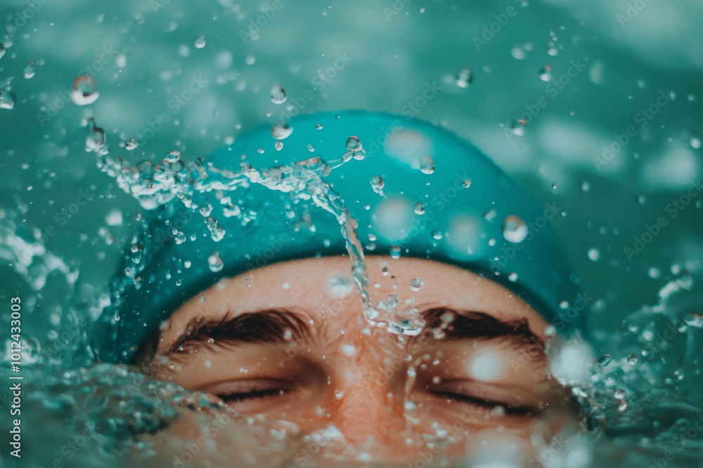 Fototapeta premium Water Droplets Splashing on Forehead from Pond