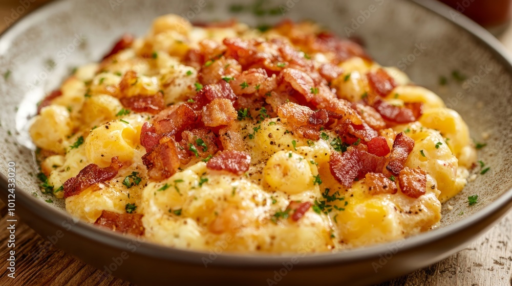 A bowl of mac and cheese with bacon and parsley on top. A bowl of mac and cheese with bacon and parsley on top.