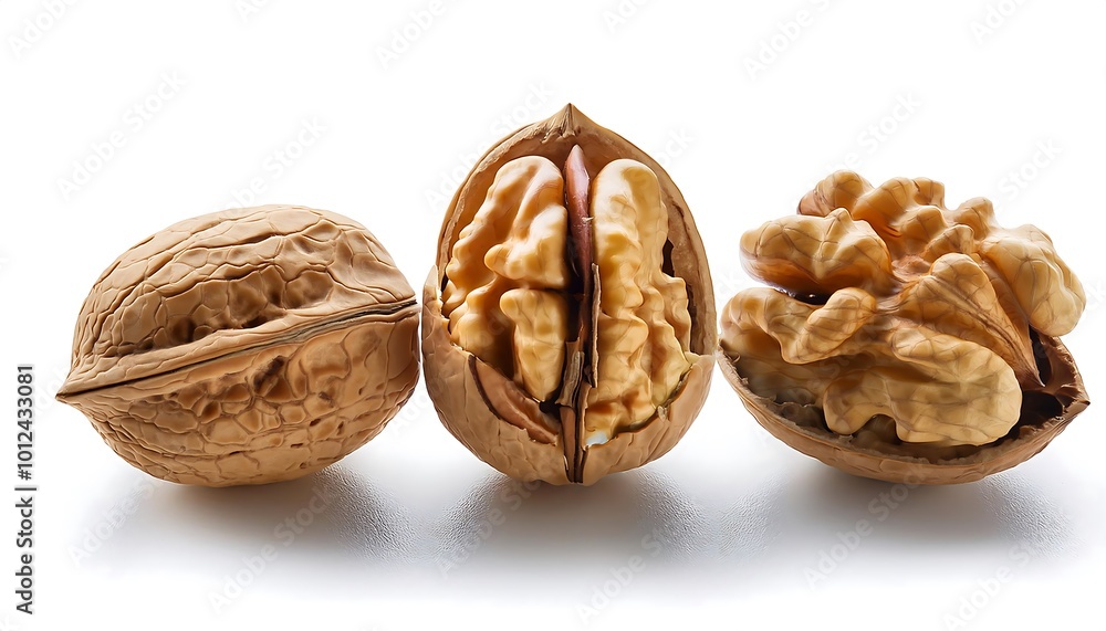 Walnuts in various orientations highlighting their textured shells and rich, edible kernels on a neutral background. Generative AI Walnuts in various orientations highlighting their textured shells and rich, edible kernels on a neutral background. Generative AI