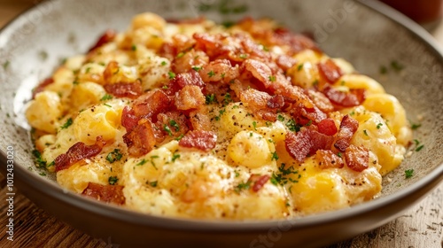 A bowl of mac and cheese with bacon and parsley on top.