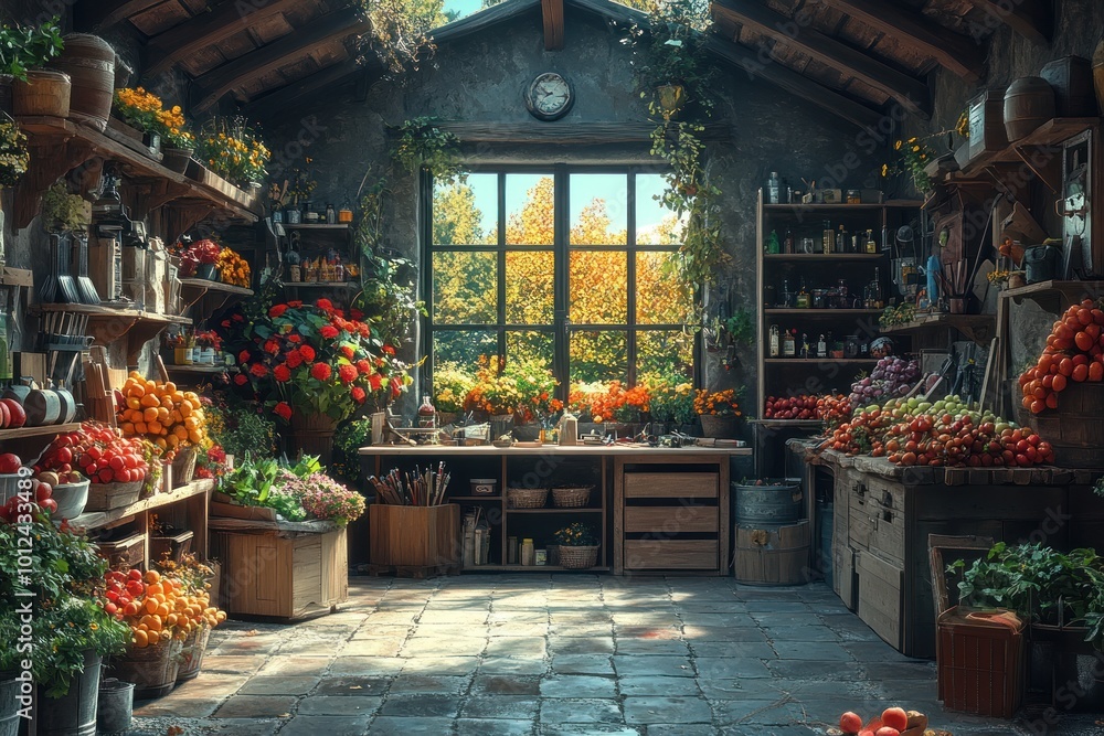 A rustic, sunlit workshop filled with produce, flowers, and jars, with a large window overlooking a garden. A rustic, sunlit workshop filled with produce, flowers, and jars, with a large window overlooking a garden.