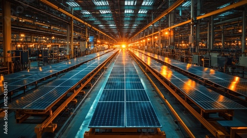 A long, narrow factory aisle with solar panels on conveyor belts leading to a glowing light at the end.