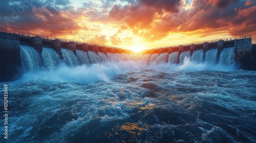 A powerful dam with cascading water at sunset. photo