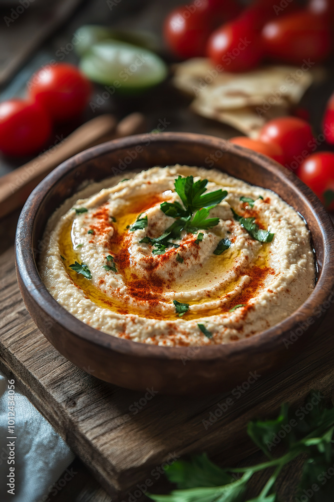 Classic hummus topped with olive oil and paprika with fresh vegetables and herbs Classic hummus topped with olive oil and paprika with fresh vegetables and herbs