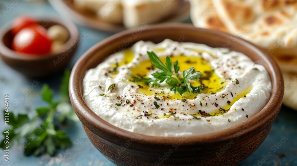 A close-up of a bowl of creamy white dip with olive oil, herbs, and spices. A close-up of a bowl of creamy white dip with olive oil, herbs, and spices.