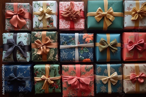 A flat lay of 18 colorful gift boxes wrapped in festive paper with bows, arranged in three rows of six on a wooden table.