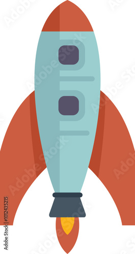 Cartoon rocket ship launching upward, propelled by flames shooting out its base