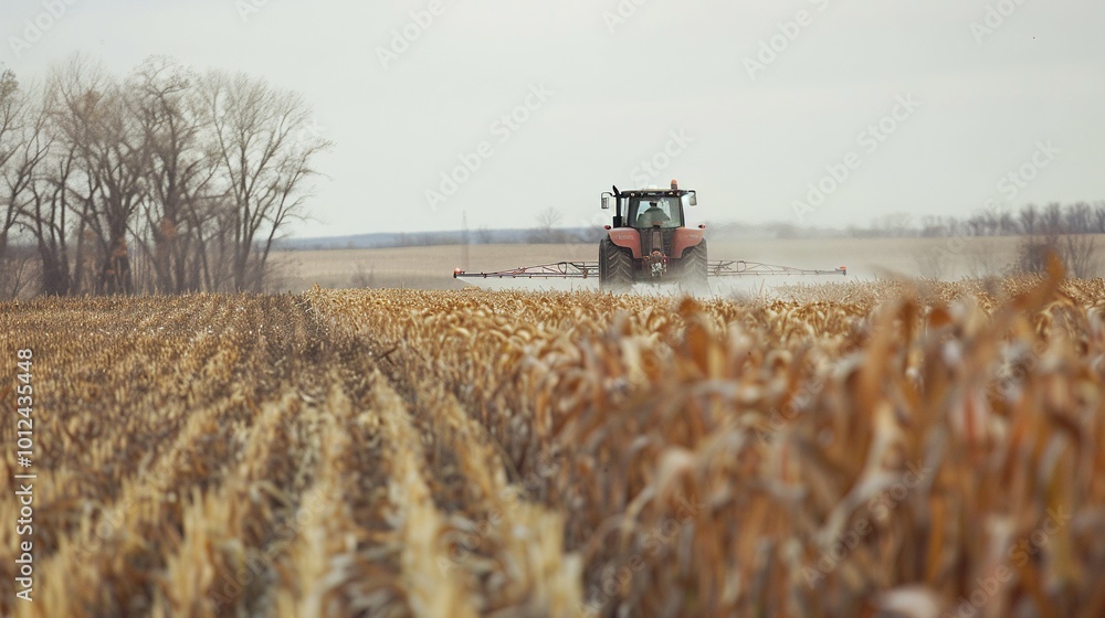 Fototapeta premium Tractor Spraying a Field of Dried Corn Stalks