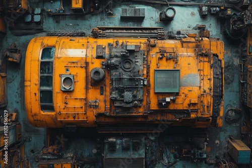 An overhead view of a yellow train engine in a workshop, with various tools and equipment scattered around.