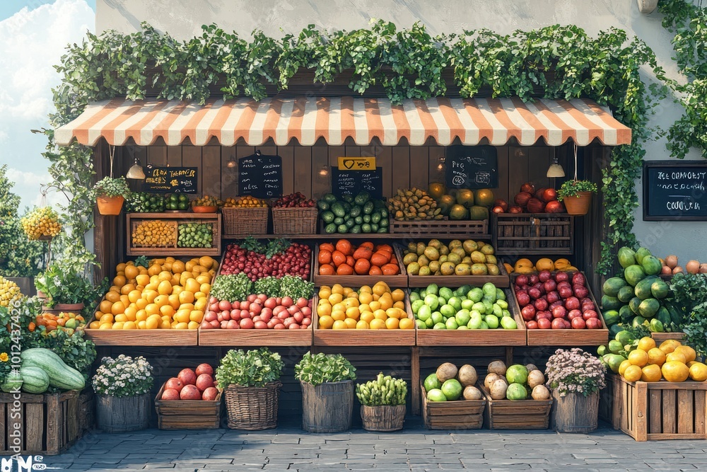 A colorful and inviting fruit stand with a variety of fresh fruits and vegetables on display, including oranges, apples, lemons, limes, grapes, and more. A colorful and inviting fruit stand with a variety of fresh fruits and vegetables on display, including oranges, apples, lemons, limes, grapes, and more.