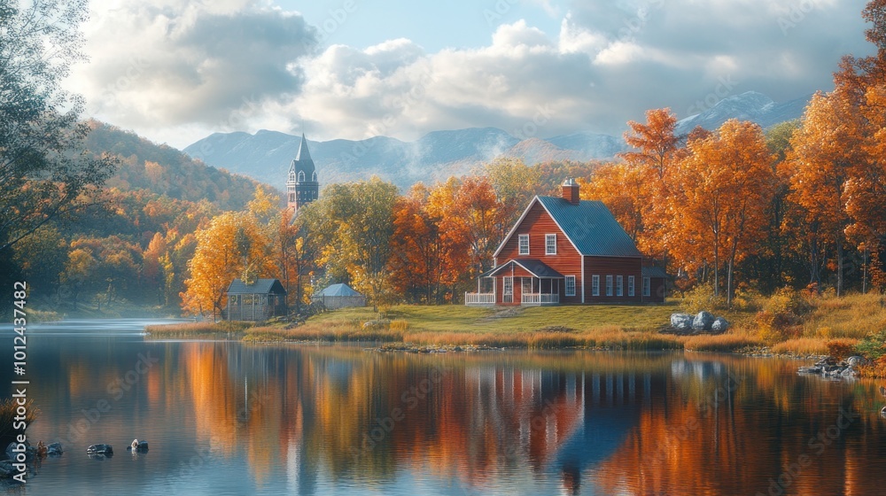 Fototapeta premium A red house sits on a lakeshore surrounded by fall foliage and a mountain in the distance.