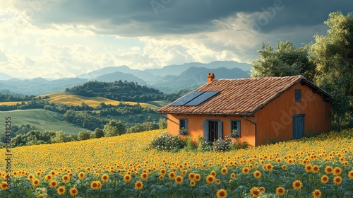 A cozy orange cottage with solar panels sits on a hilltop overlooking a field of sunflowers and rolling hills in the distance.