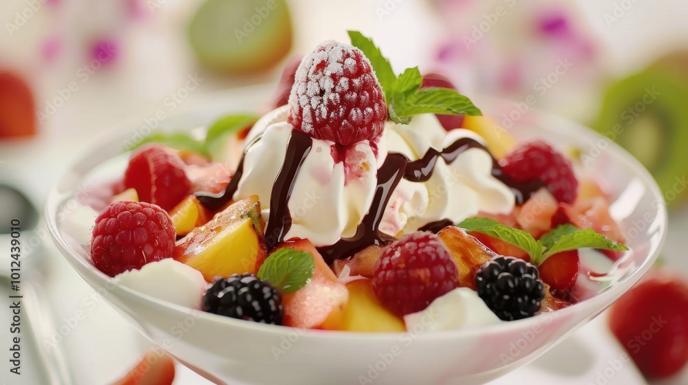 Colorful Fruit Dessert with Cream and Chocolate Drizzle Colorful Fruit Dessert with Cream and Chocolate Drizzle