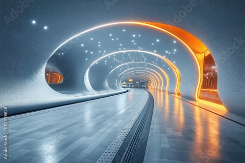 Fototapeta Naklejka Na Ścianę i Meble -  A futuristic subway station with glowing lights and curved walls.