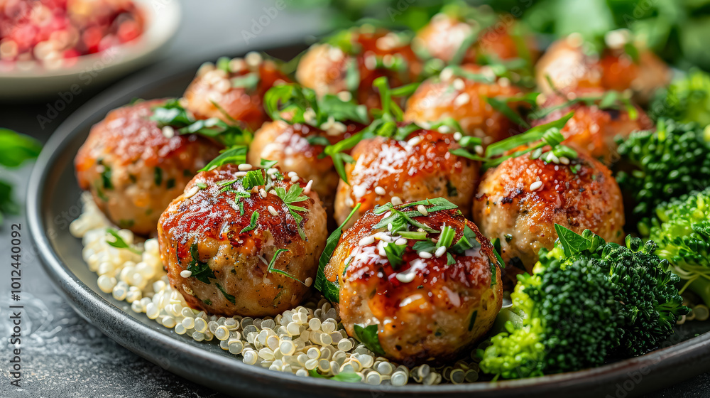 Grilled meatballs with fresh herbs and vegetables on a plate Grilled meatballs with fresh herbs and vegetables on a plate