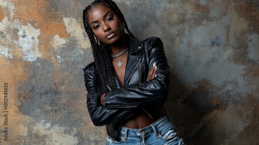 Young woman with braids and a leather jacket posing against a textured wall Young woman with braids and a leather jacket posing against a textured wall