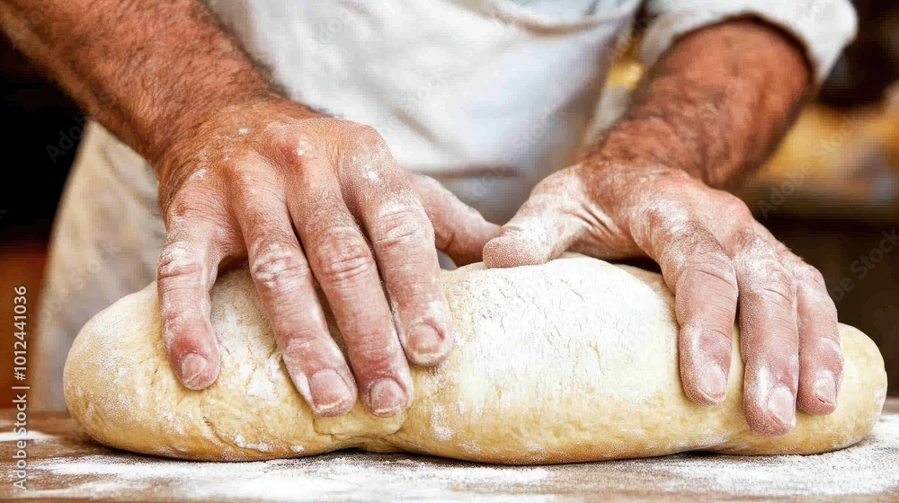 Close-up of a baker pressing and folding dough on a flour-covered counter, creating a rustic loaf of bread. Close-up of a baker pressing and folding dough on a flour-covered counter, creating a rustic loaf of bread.