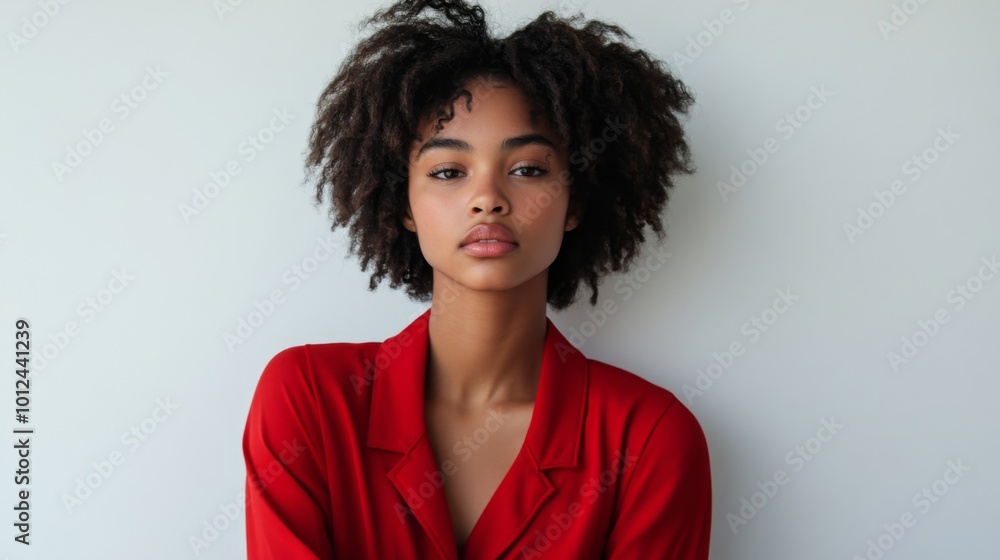 Portrait of a Woman with Curly Hair and a Red Jacket Portrait of a Woman with Curly Hair and a Red Jacket