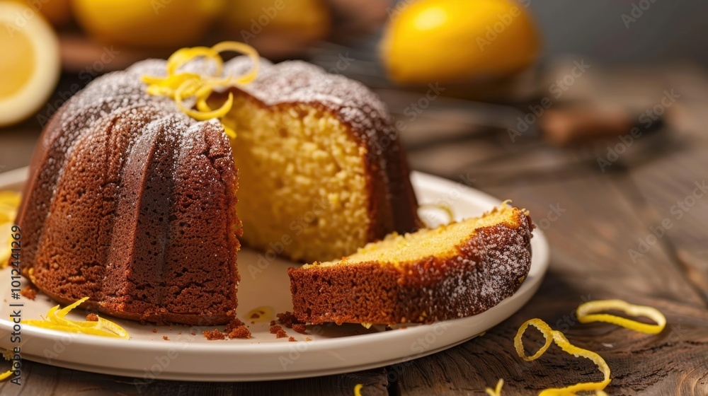 Lemon Bundt Cake on Wooden Table Lemon Bundt Cake on Wooden Table