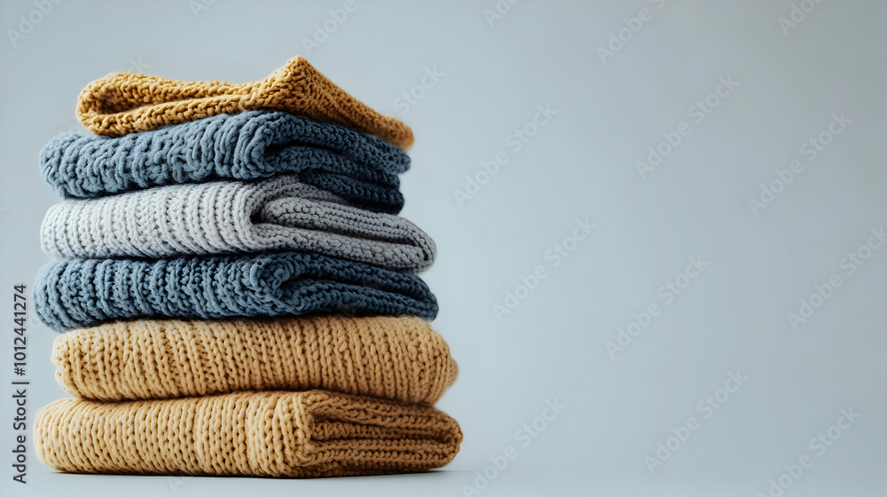 Photo of Stacked Knitted Wool Sweaters in Autumn Colors Photo of Stacked Knitted Wool Sweaters in Autumn Colors