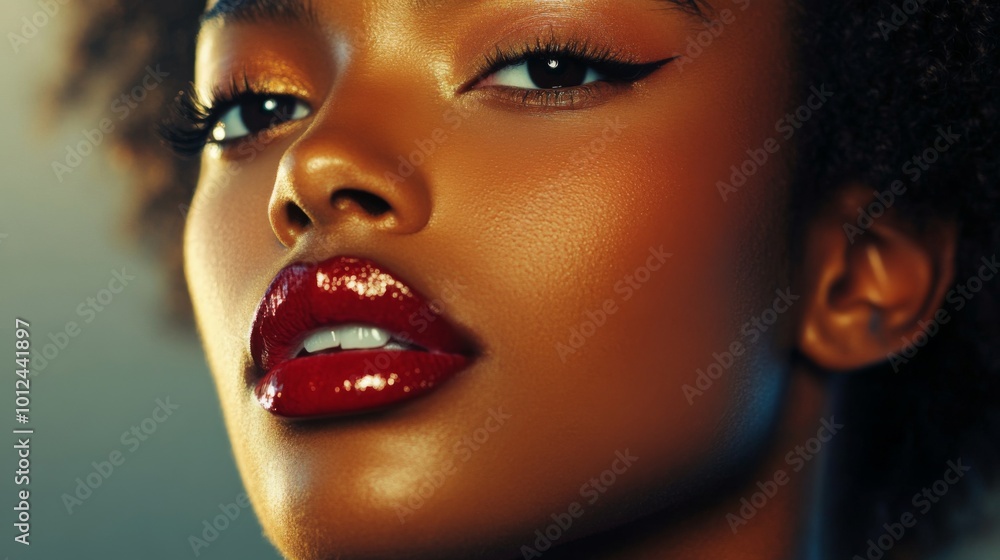 Close-up of a woman's face with red lipstick and gold eyeshadow Close-up of a woman's face with red lipstick and gold eyeshadow