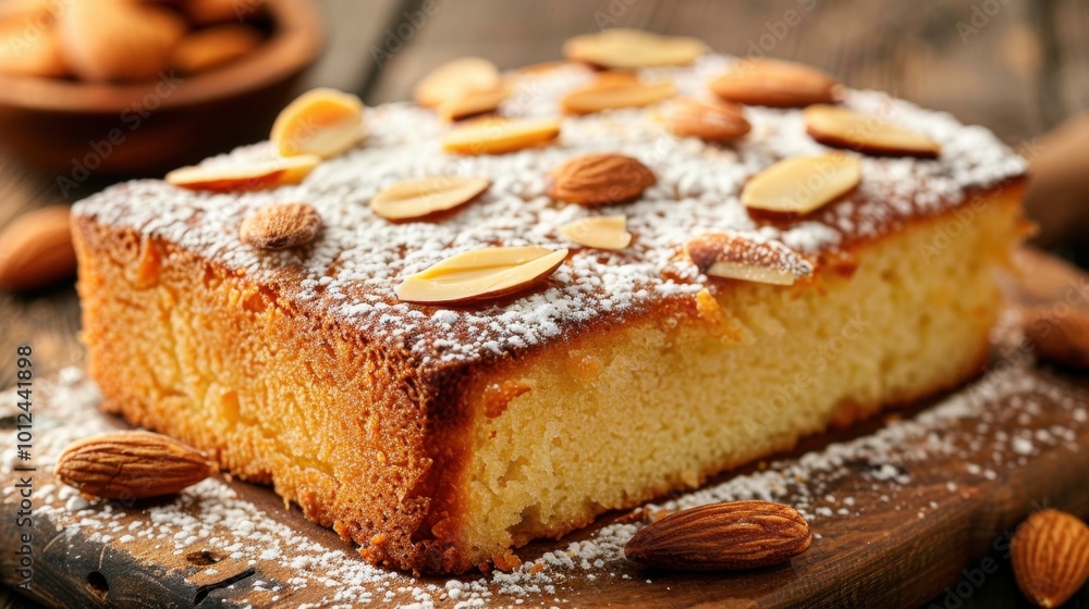 Delightful Almond Cake on Wooden Table Delightful Almond Cake on Wooden Table