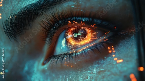 futuristic depiction of a womans eye integrated with digital technology representing cyberspace and advanced vision systems set against a scienceinspired background photo