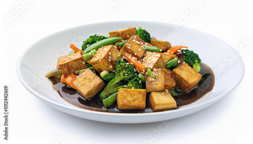 A delectable stir-fry featuring pan-fried tofu cubes, broccoli, carrots, and green beans. The dish is presented on a white plate with a dark sauce. The background is pure white.