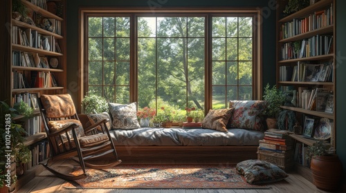 Cozy reading nook with a large window overlooking a lush green garden.