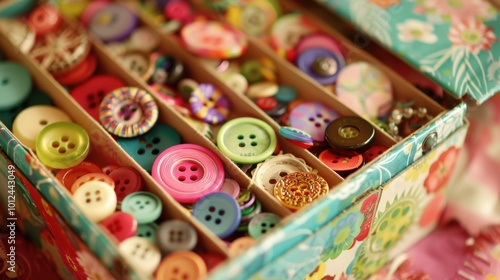 Colorful Assortment of Craft Buttons in a Box