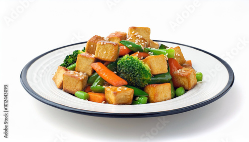 Savory Tofu and Vegetable Stir-Fry: Pan-seared tofu cubes tossed with vibrant carrots, broccoli, and green beans, drizzled with a sesame seed glaze. A delightful and healthy meal!