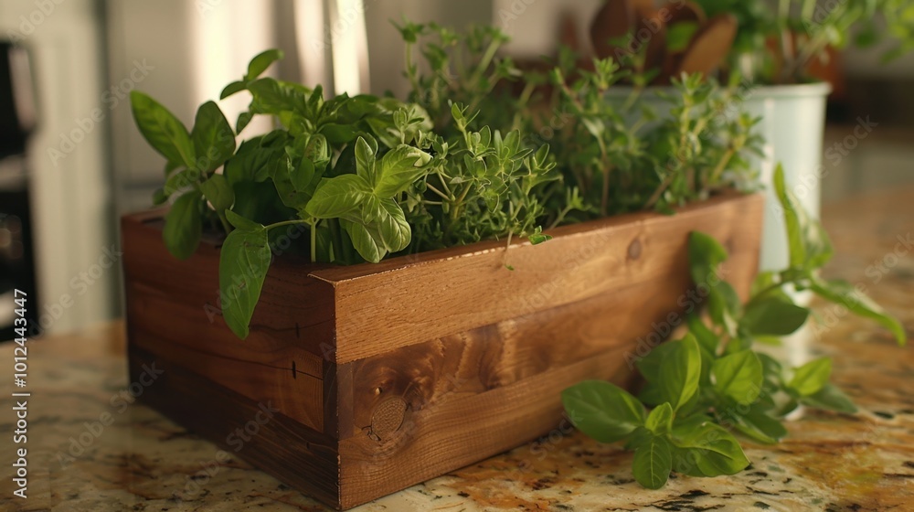 Fresh Herbs in Wooden Planter on Kitchen Counter Fresh Herbs in Wooden Planter on Kitchen Counter