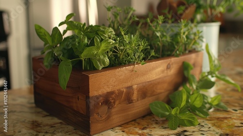 Fresh Herbs in Wooden Planter on Kitchen Counter