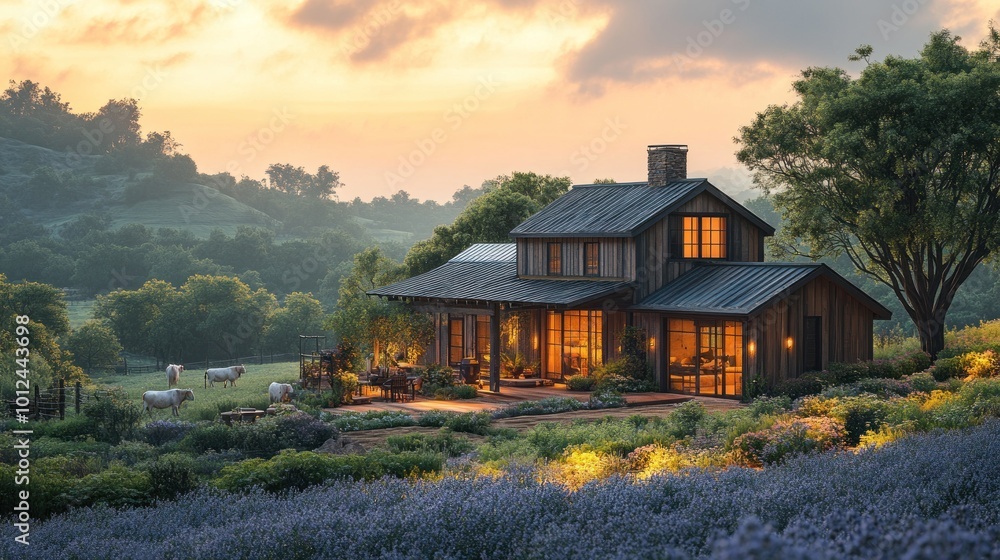A rustic farmhouse with a porch sits on a hill overlooking a field of lavender in the evening. A rustic farmhouse with a porch sits on a hill overlooking a field of lavender in the evening.
