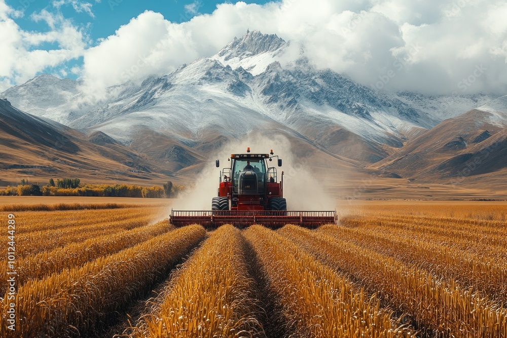 Fototapeta premium A red tractor plows a field of golden wheat with snow-capped mountains in the background.