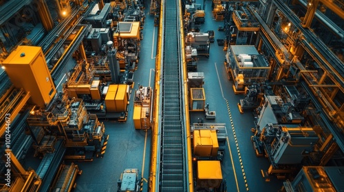 An overhead view of a factory floor with multiple machines, a conveyor belt, and yellow machinery.