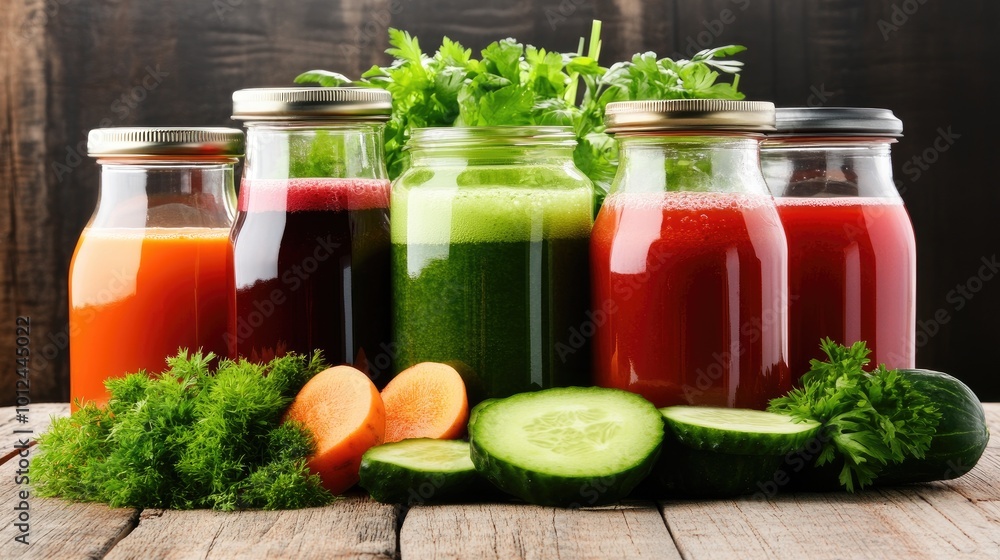 Close-up of freshly squeezed vegetable and fruit juices in vibrant colors, highlighting the freshness and health benefits of each juice. Close-up of freshly squeezed vegetable and fruit juices in vibrant colors, highlighting the freshness and health benefits of each juice.