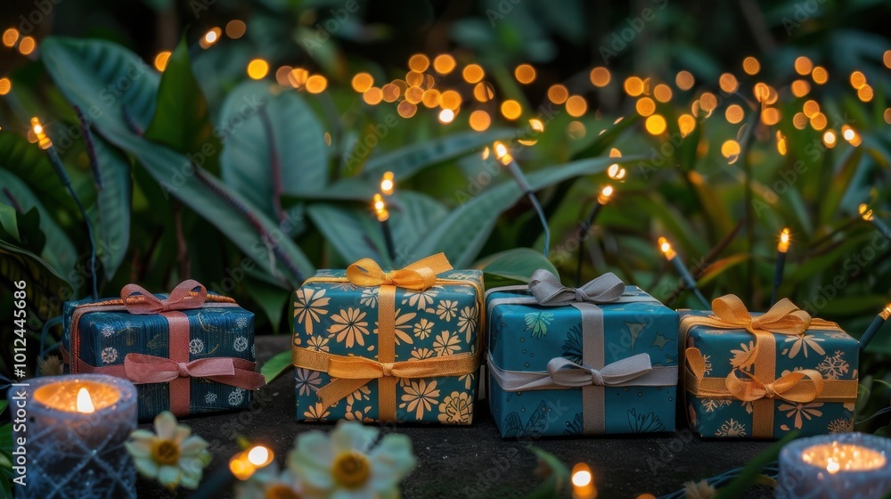 Fototapeta premium Festive Gifts Amidst Warm Glow of Holiday Lights