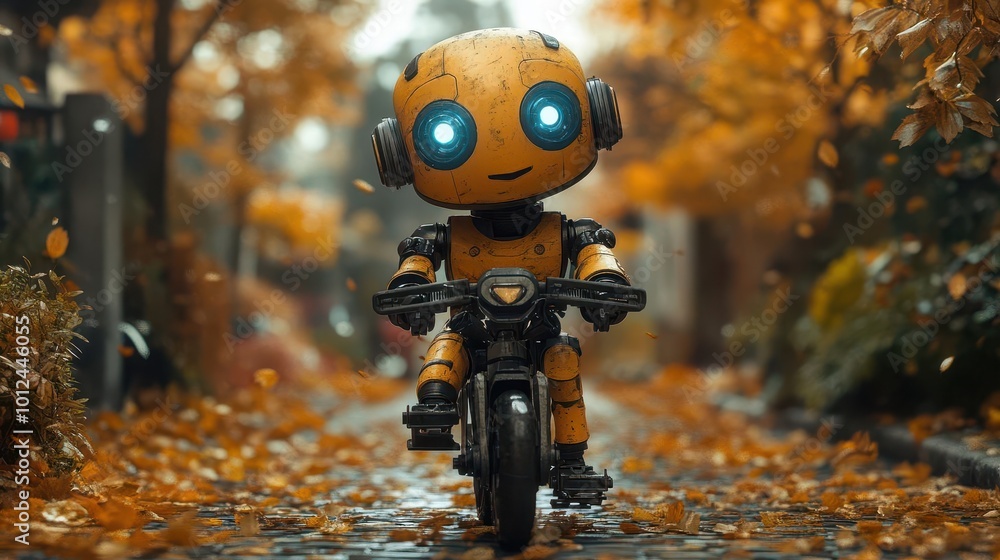 happy humanoid robot riding a bicycle through an autumn alley embodying emotional development and joy in technology the whimsical scene showcases the blend of nature and innovation happy humanoid robot riding a bicycle through an autumn alley embodying emotional development and joy in technology the whimsical scene showcases the blend of nature and innovation