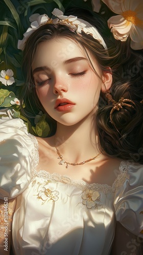 Dreamy Portrait of a Woman Sleeping in a Garden of Flowers