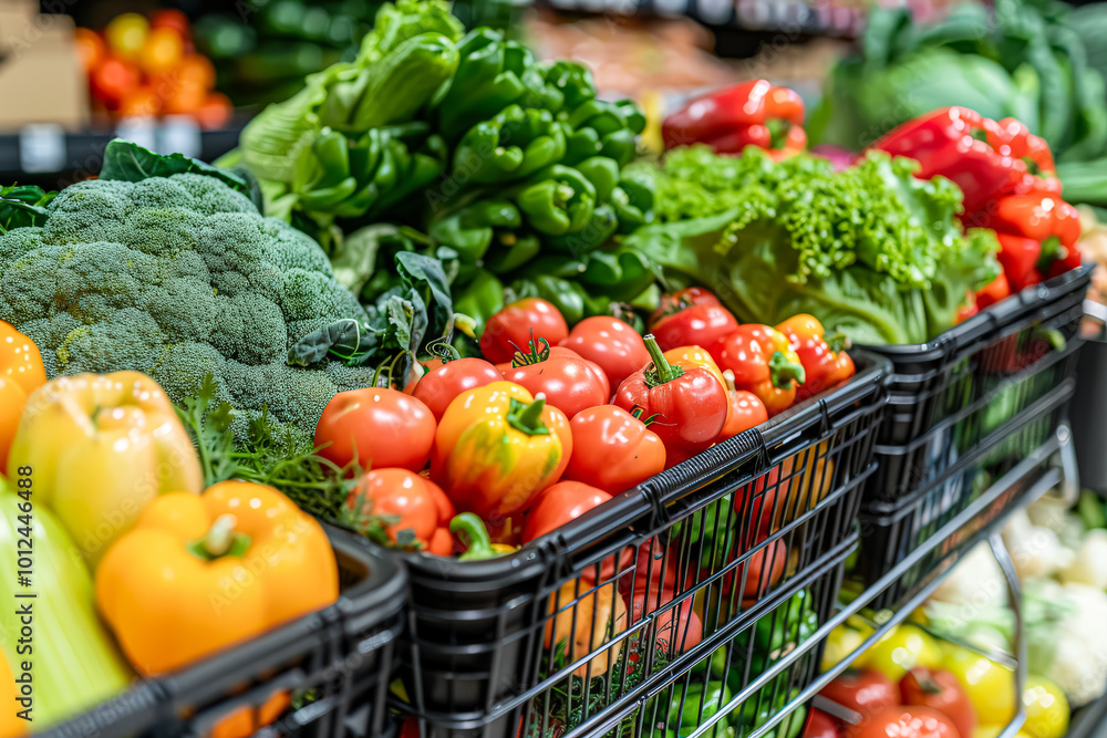 Fresh vegetables in a market shopping cart with leafy greens Fresh vegetables in a market shopping cart with leafy greens