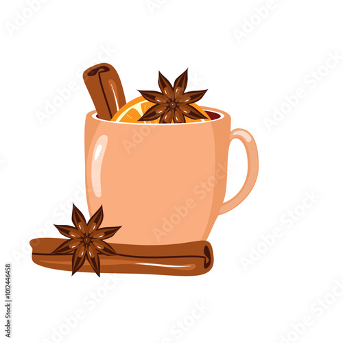 Illustration with cup of mulled wine with orange, cinnamon, anise cozy autumn or winter vector illustration hot drink Christmas mood 