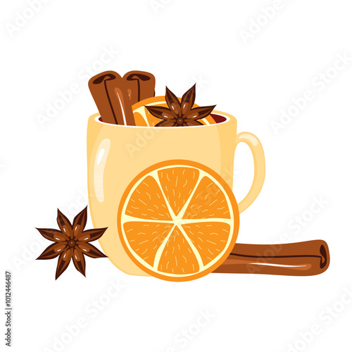 Illustration with cup of mulled wine with orange, cinnamon, anise cozy autumn or winter vector illustration hot drink Christmas mood 